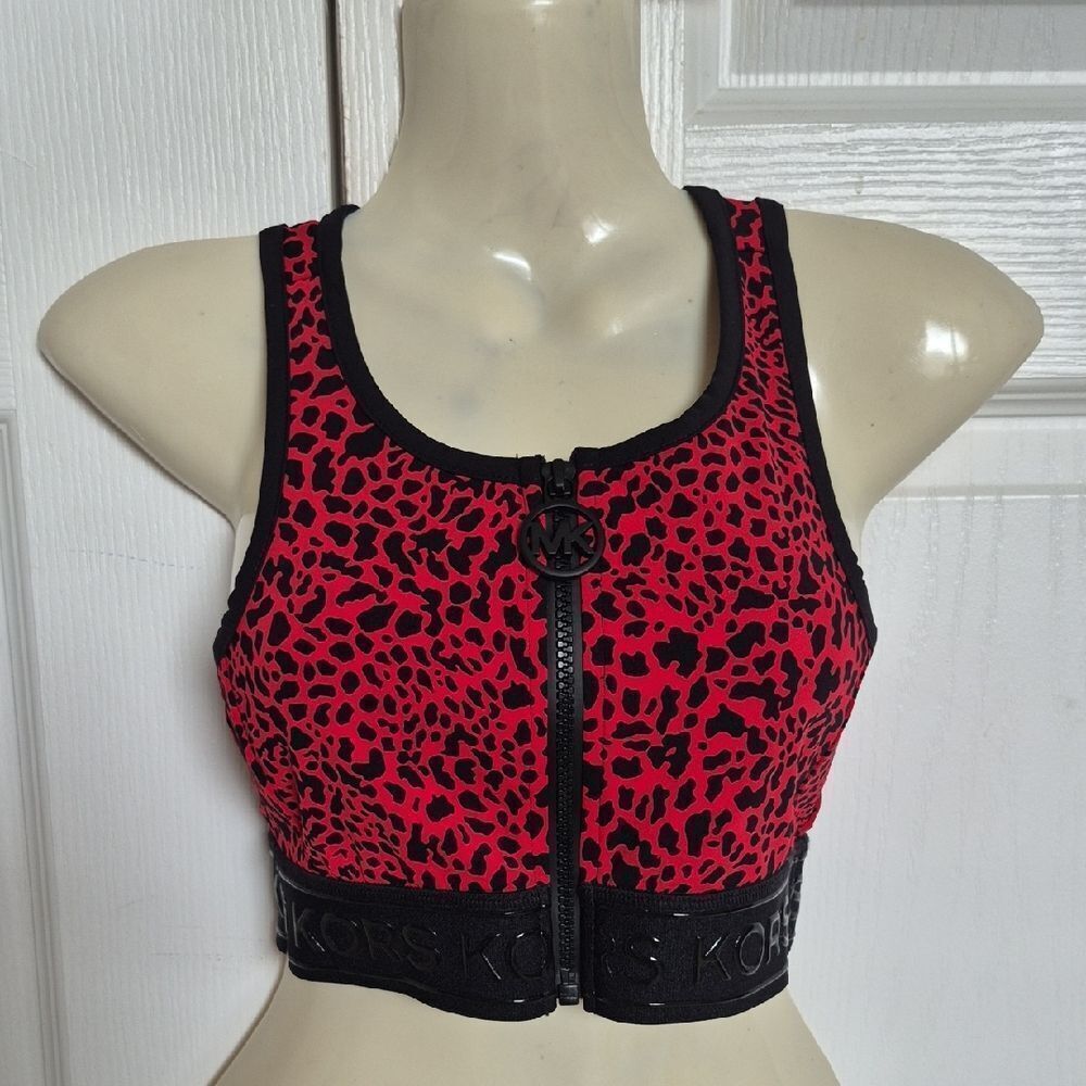 Michael Kors Black and Red Animal Print Racer Back Sports Bra